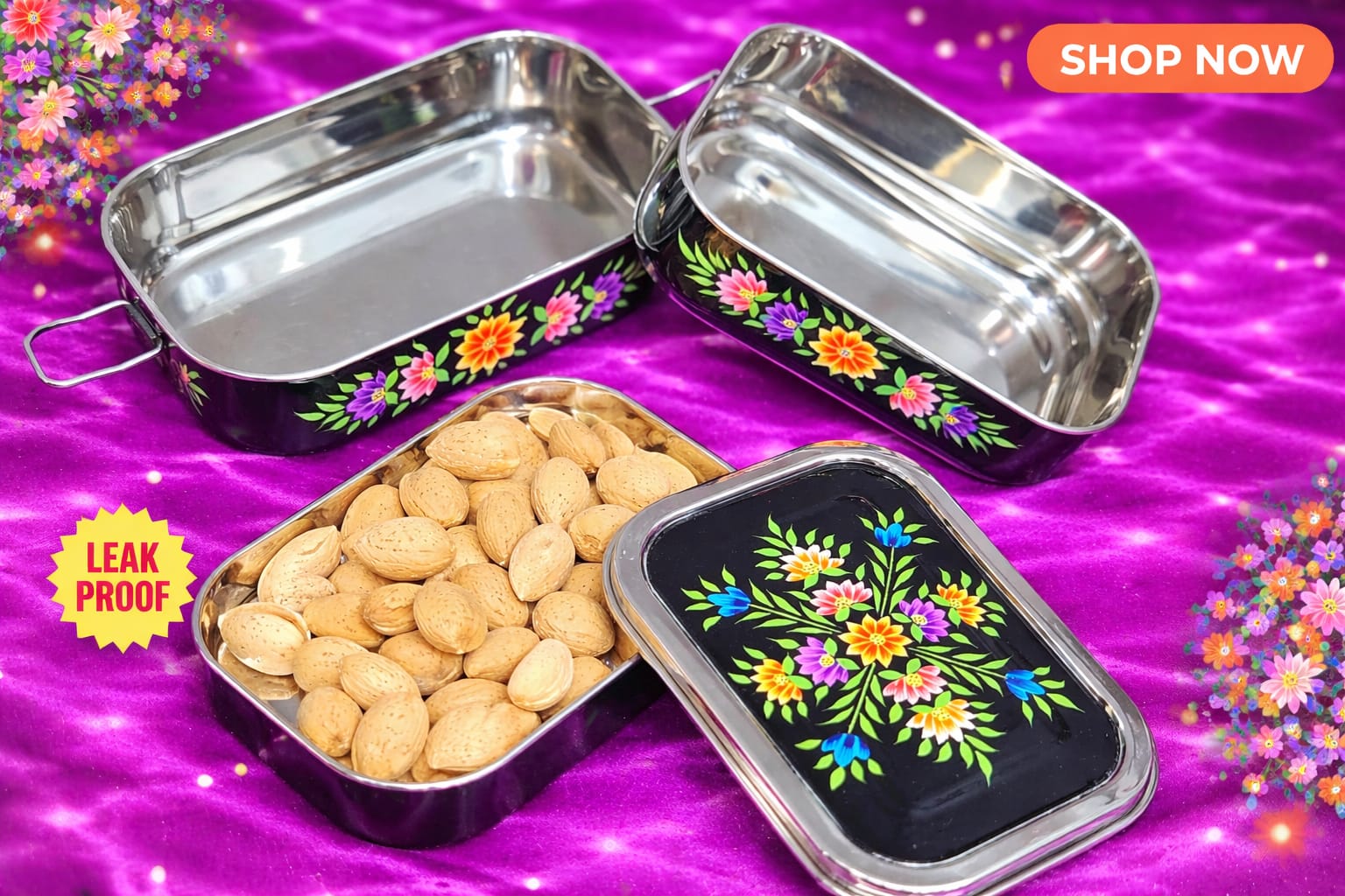 Hand painted Bento lunch box, Steel lunch box, hand painted lunch box ,Indian tiffin box, Stainless steel bento box ,Enamelware tiffin box